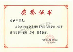 2018年度財務報表審計業務質量競賽評比活動個人二等獎-李曉平